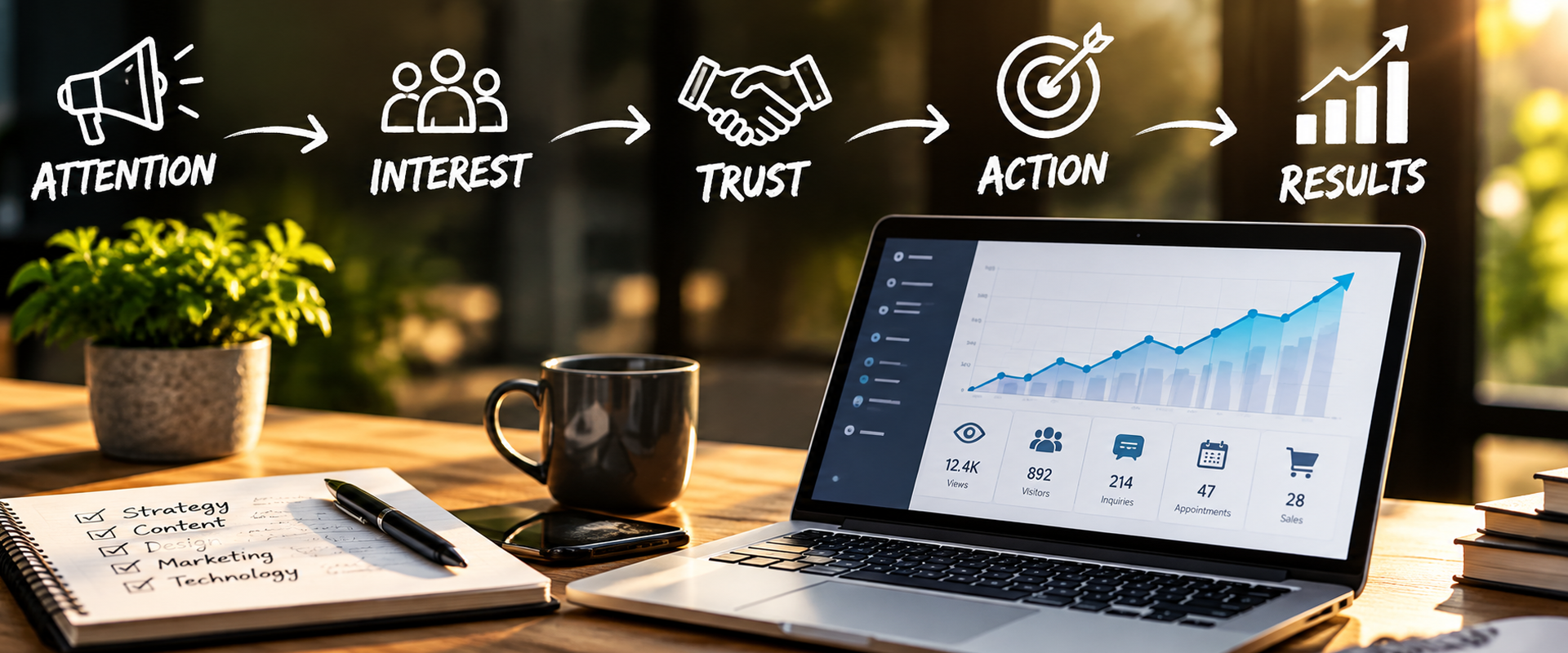 Marketing customer journey from attention and interest to trust, action and measurable results